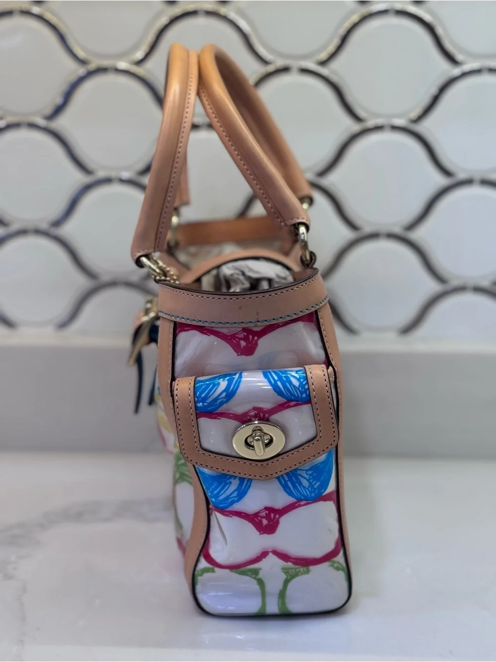 Coach Multicolor Logo Print Boxy  Tote w/ Tan Leather - Vintage -Limited Edition